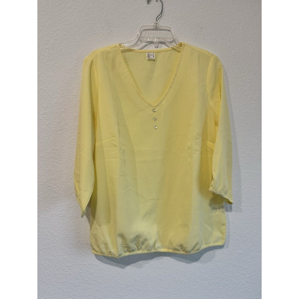 Unbranded Women's Light Yellow Chiffon Henley Blouse 3/4 Sleeve V Neck Size 10